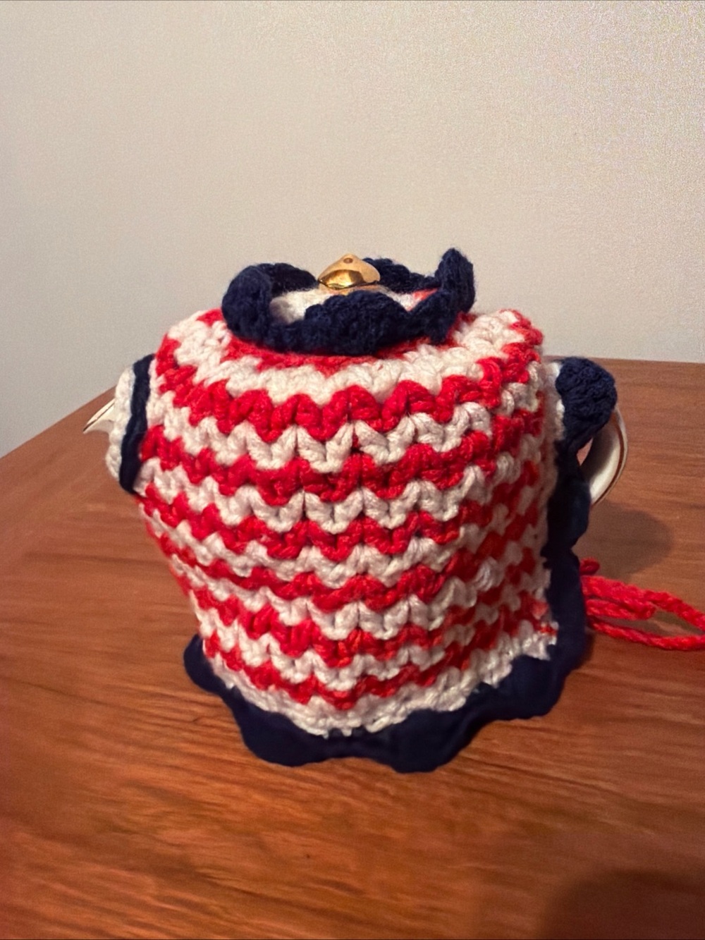 New Hand Knit Tea Cozy Kettle Teapot Cover Thick Blue-red-white 2 Openings Ties